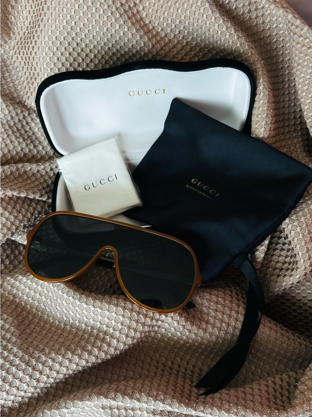 Gucci Brown Shield Sunglasses with Dark Lenses - Women's Designer